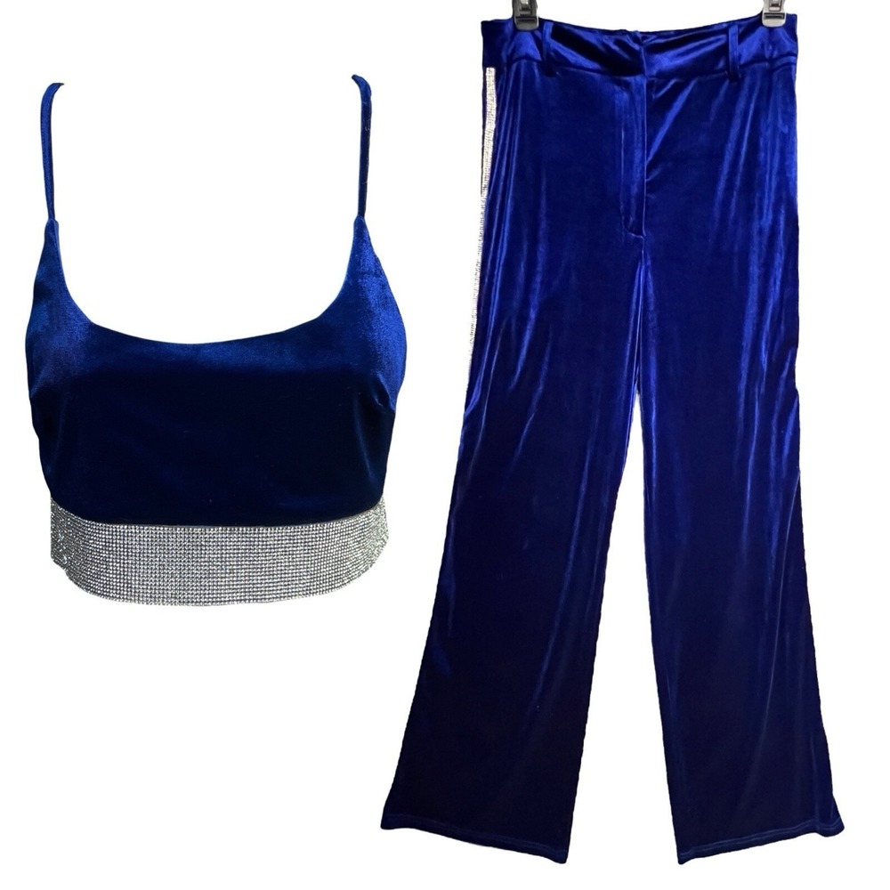 Akira Mia Luxe 2PC Outfit‎ Set Size M Cobalt Blue Velvet Rhinestone Glam Party - Picture 2 of 16